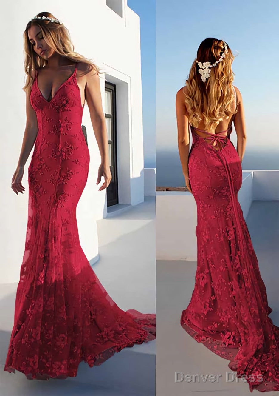 Trumpet Mermaid Spaghetti Straps Court Train Lace Prom Dresses