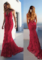 Trumpet/Mermaid Spaghetti Straps Court Train Lace Prom Dresses