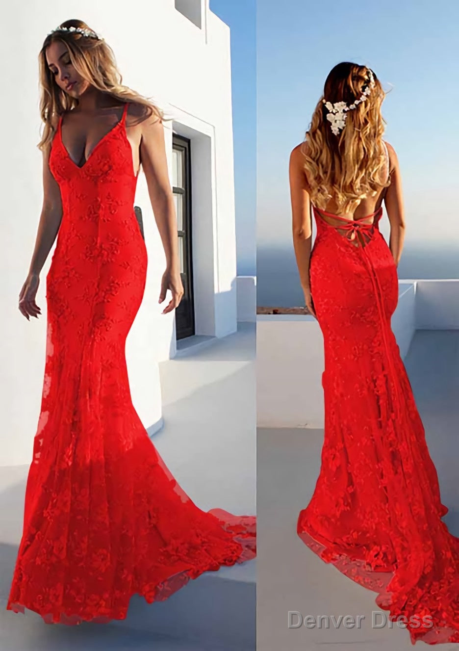 Trumpet Mermaid Spaghetti Straps Court Train Lace Prom Dresses