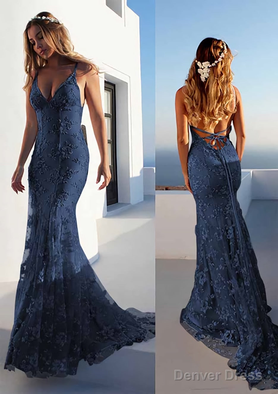 Trumpet Mermaid Spaghetti Straps Court Train Lace Prom Dresses
