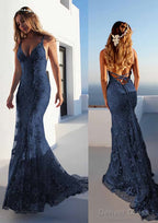 Trumpet/Mermaid Spaghetti Straps Court Train Lace Prom Dresses