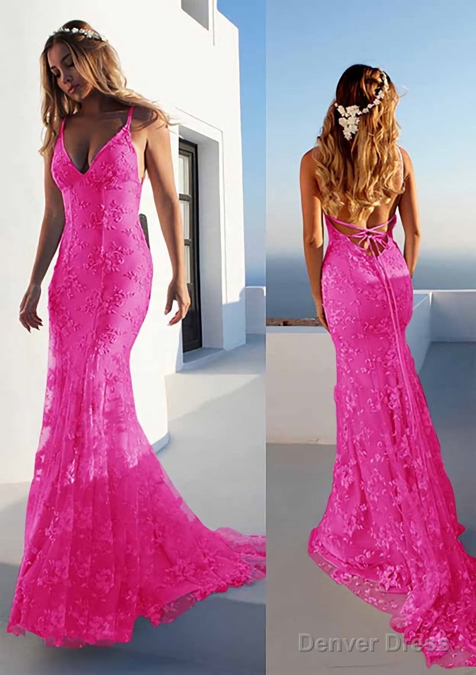 Trumpet Mermaid Spaghetti Straps Court Train Lace Prom Dresses