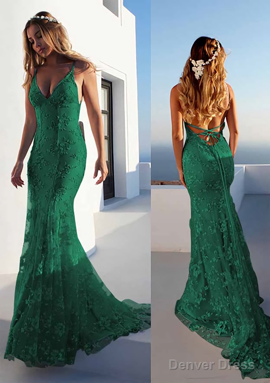 Trumpet/Mermaid Spaghetti Straps Court Train Lace Prom Dresses