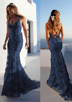 Trumpet Mermaid Spaghetti Straps Court Train Lace Prom Dresses