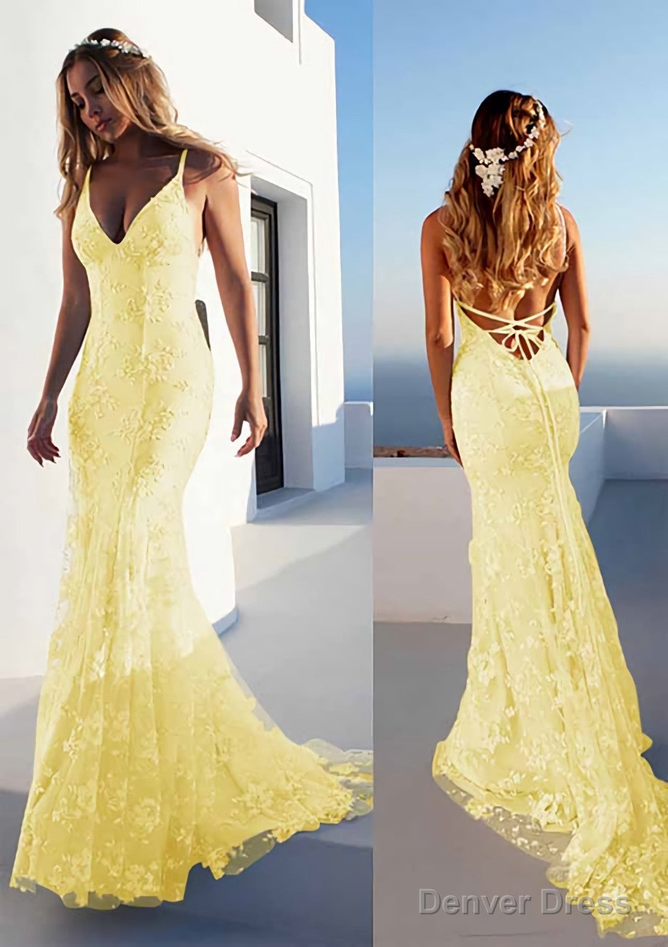 Trumpet/Mermaid Spaghetti Straps Court Train Lace Prom Dresses