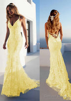 Trumpet Mermaid Spaghetti Straps Court Train Lace Prom Dresses
