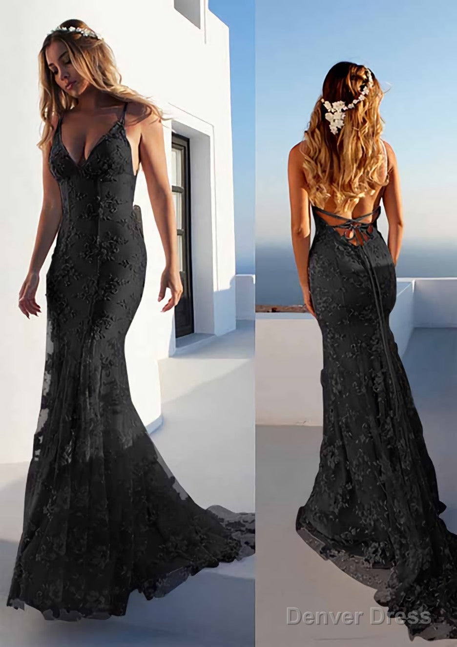 Trumpet Mermaid Spaghetti Straps Court Train Lace Prom Dresses