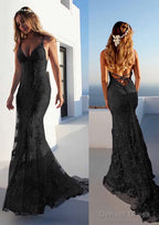 Trumpet/Mermaid Spaghetti Straps Court Train Lace Prom Dresses