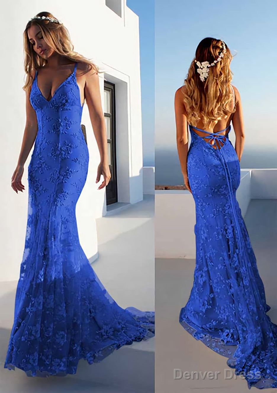 Trumpet Mermaid Spaghetti Straps Court Train Lace Prom Dresses