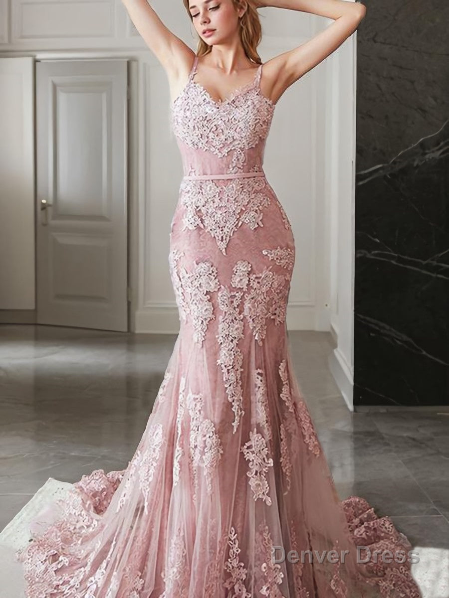 Trumpet Mermaid Spaghetti Straps Sweep Train Lace Prom Dresses With Appliques Lace