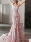 Trumpet Mermaid Spaghetti Straps Sweep Train Lace Prom Dresses With Appliques Lace