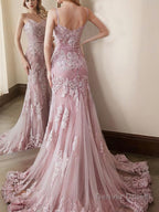 Trumpet Mermaid Spaghetti Straps Sweep Train Lace Prom Dresses With Appliques Lace