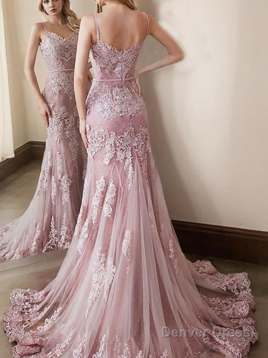 Trumpet Mermaid Spaghetti Straps Sweep Train Lace Prom Dresses With Appliques Lace