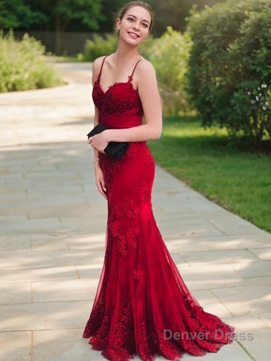 Trumpet Mermaid Spaghetti Straps Sweep Train Lace Prom Dresses With Appliques Lace Main image