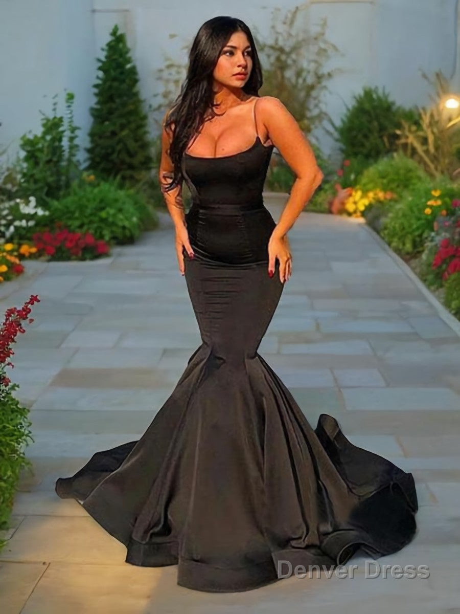 Trumpet Mermaid Spaghetti Straps Sweep Train Satin Prom Dresses With Ruffles