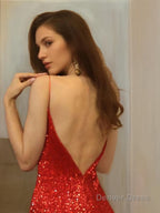 Trumpet Mermaid Spaghetti Straps Sweep Train Sequins Prom Dresses With Ruffles