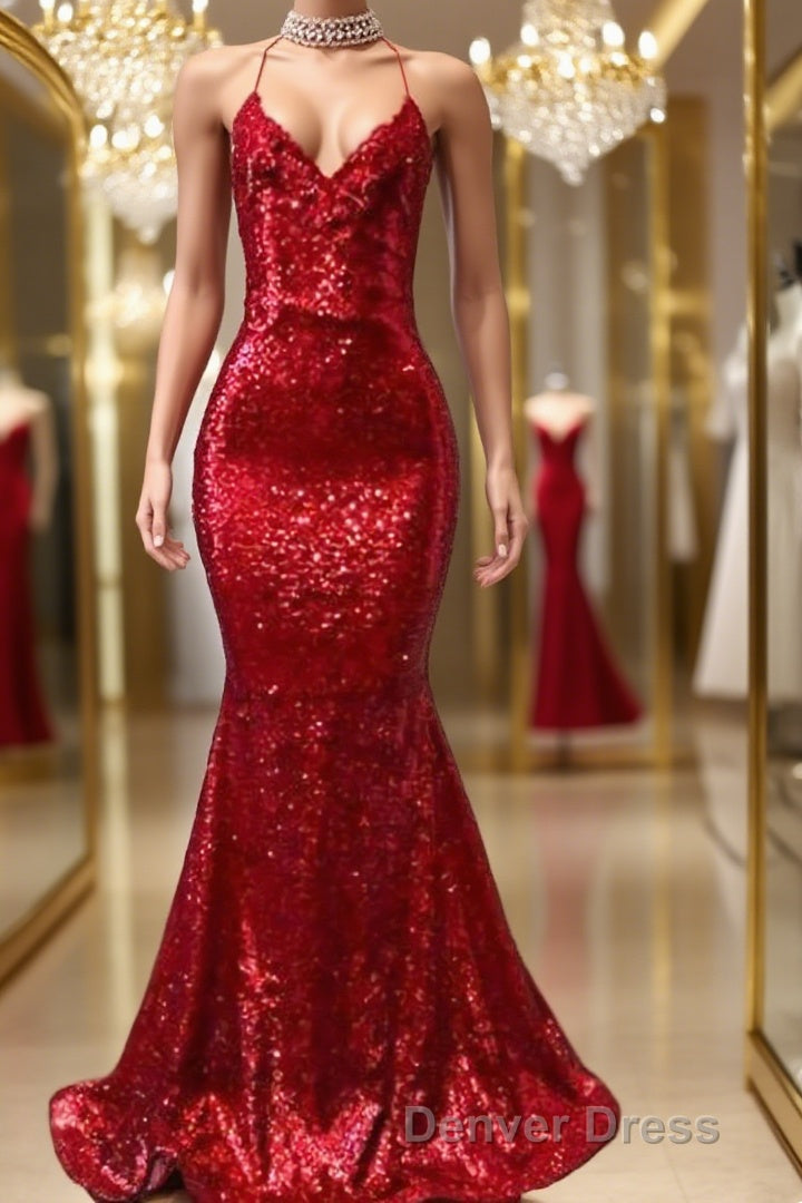 Trumpet Mermaid Spaghetti Straps Sweep Train Sequins Prom Dresses