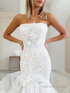 Trumpet Mermaid Strapless Cathedral Train Tulle Wedding Dresses With Appliques Lace