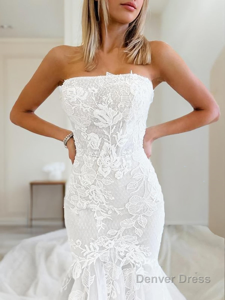 Trumpet Mermaid Strapless Cathedral Train Tulle Wedding Dresses With Appliques Lace