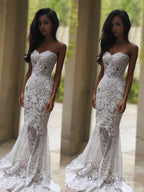 Trumpet Mermaid Sweetheart Court Train Lace Wedding Dresses With Appliques Lace