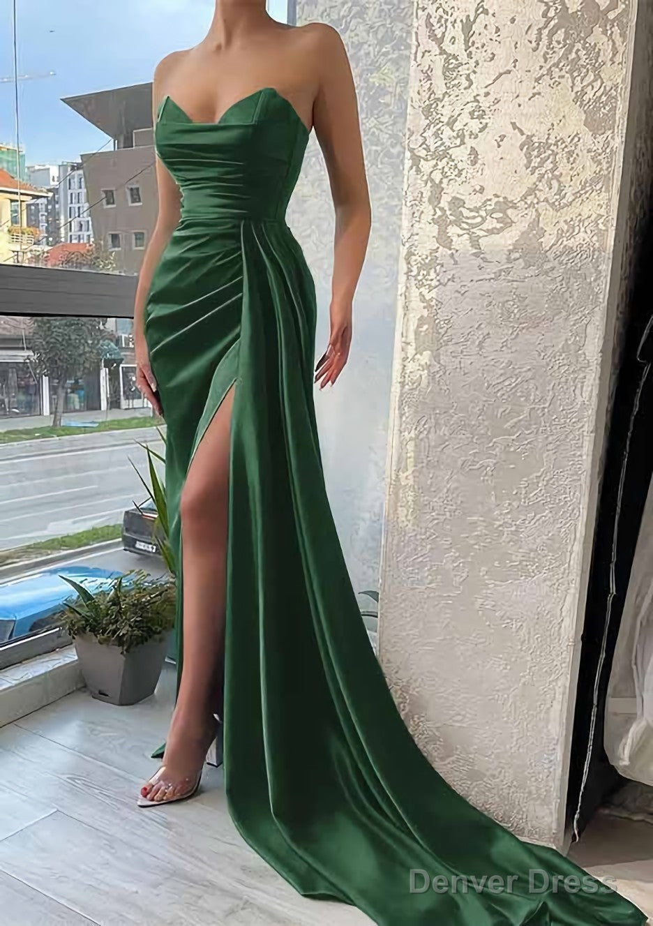 Trumpet Mermaid Sweetheart Strapless Court Train Satin Prom Dresses With Pleated Split