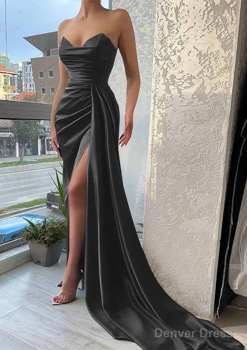 Trumpet Mermaid Sweetheart Strapless Court Train Satin Prom Dresses With Pleated Split