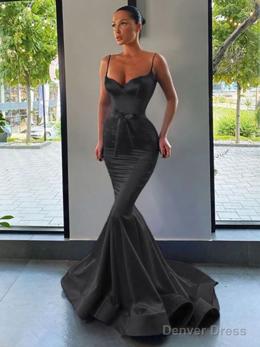 Trumpet Mermaid Sweetheart Sweep Train Silk like Satin Prom Dresses With Belt Sash