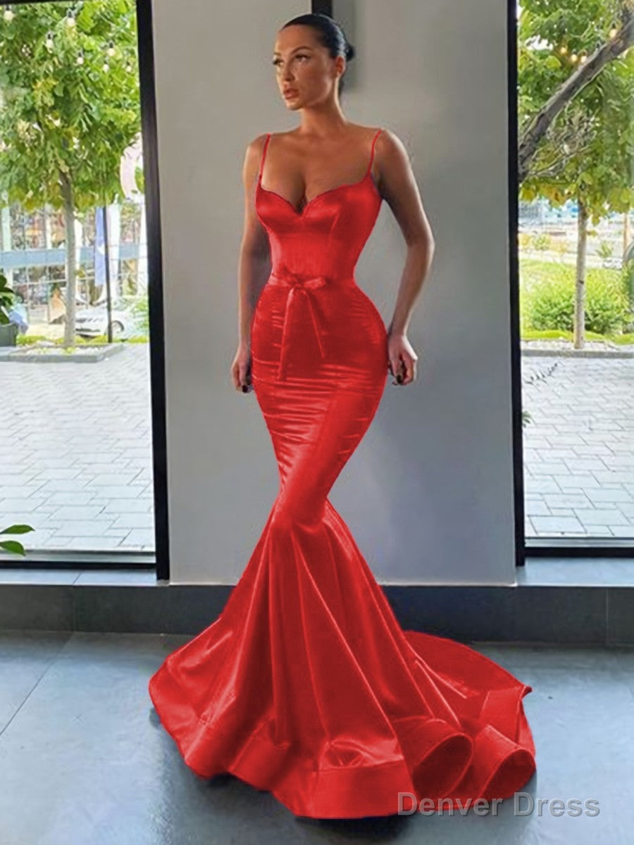 Trumpet Mermaid Sweetheart Sweep Train Silk like Satin Prom Dresses With Belt Sash