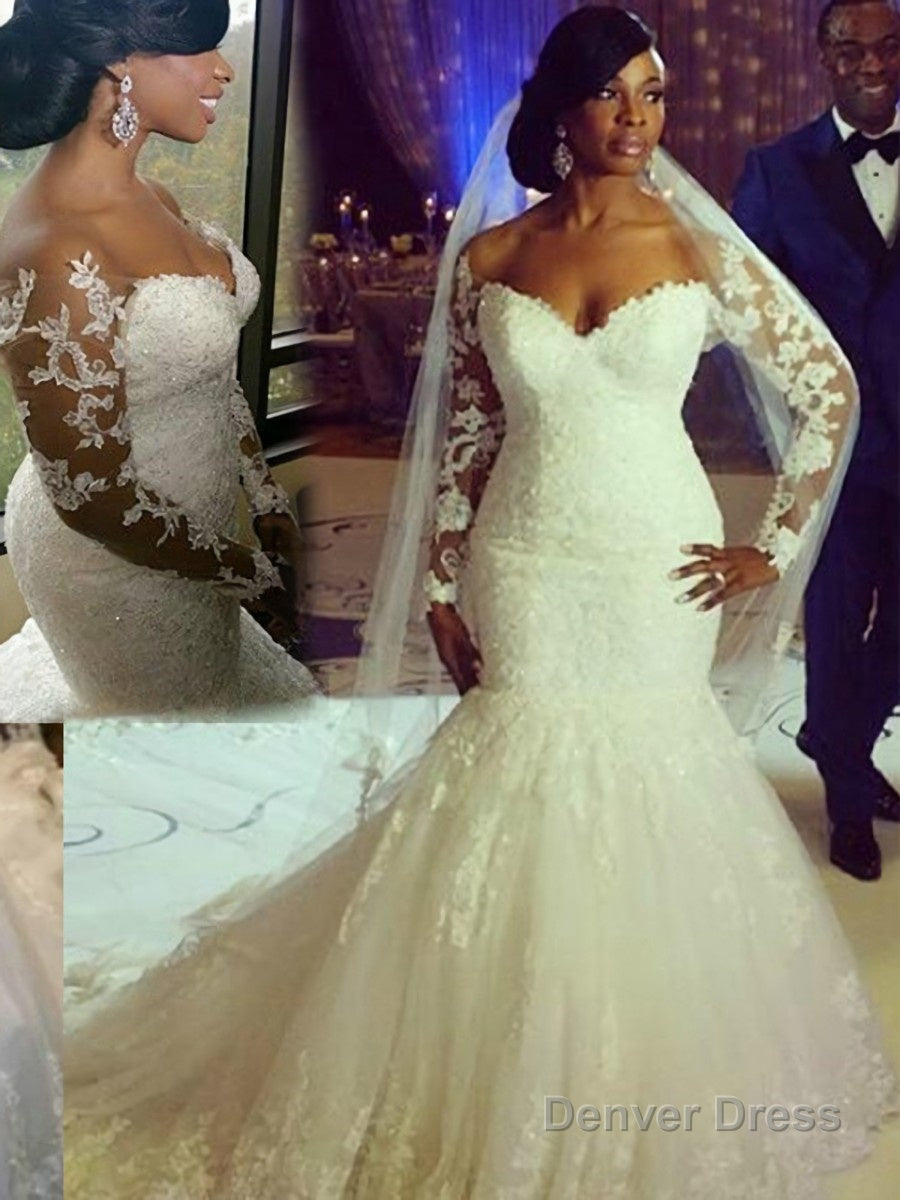 Trumpet/Mermaid Sweetheart Sweep Train Tulle Wedding Dresses With Appliques Lace Secondary image