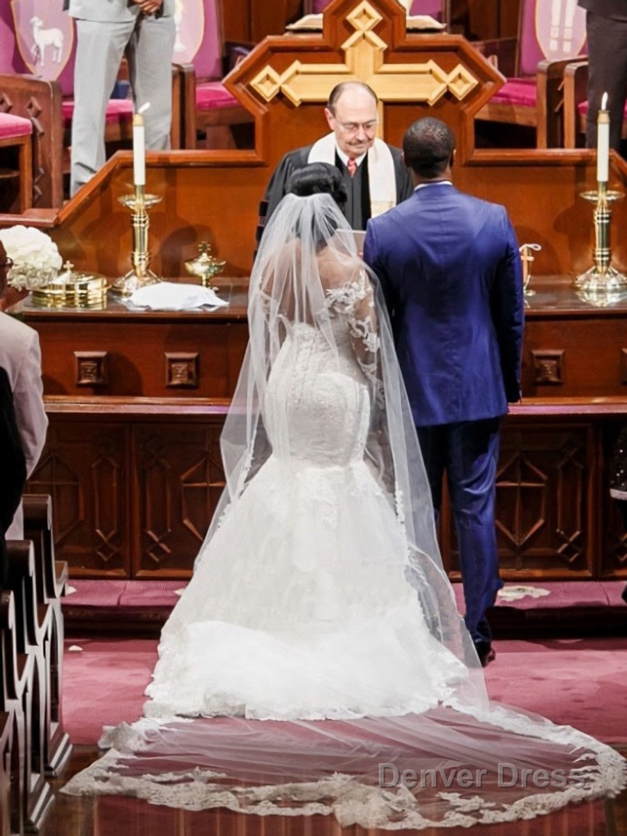 Trumpet Mermaid Sweetheart Sweep Train Tulle Wedding Dresses With Appliques Lace