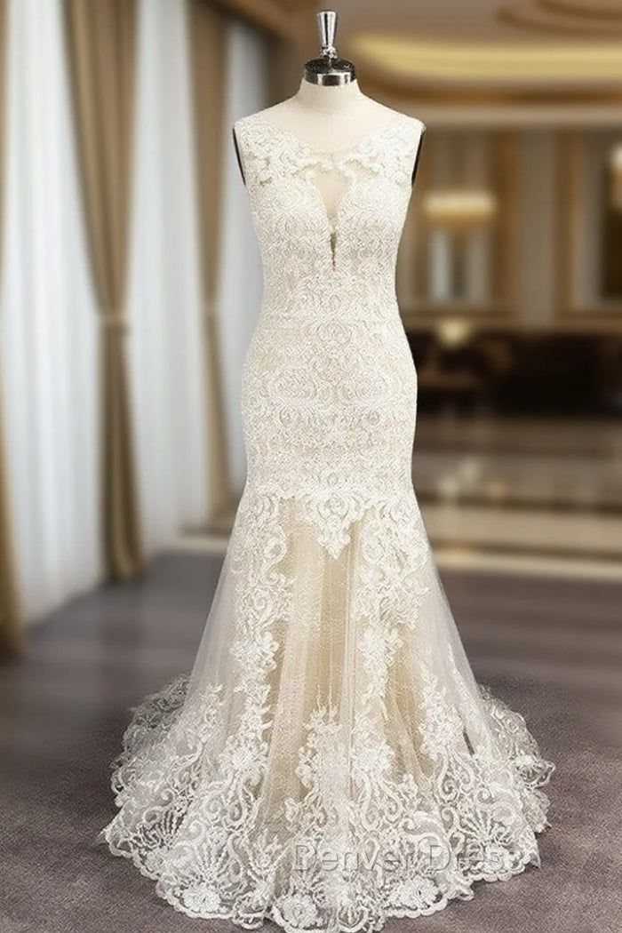 Trumpet Mermaid Tulle Applique Scoop Sleeveless Sweep Brush Train Wedding Dresses