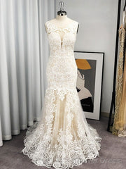 Trumpet/Mermaid Tulle Applique Scoop Sleeveless Sweep/Brush Train Wedding Dresses