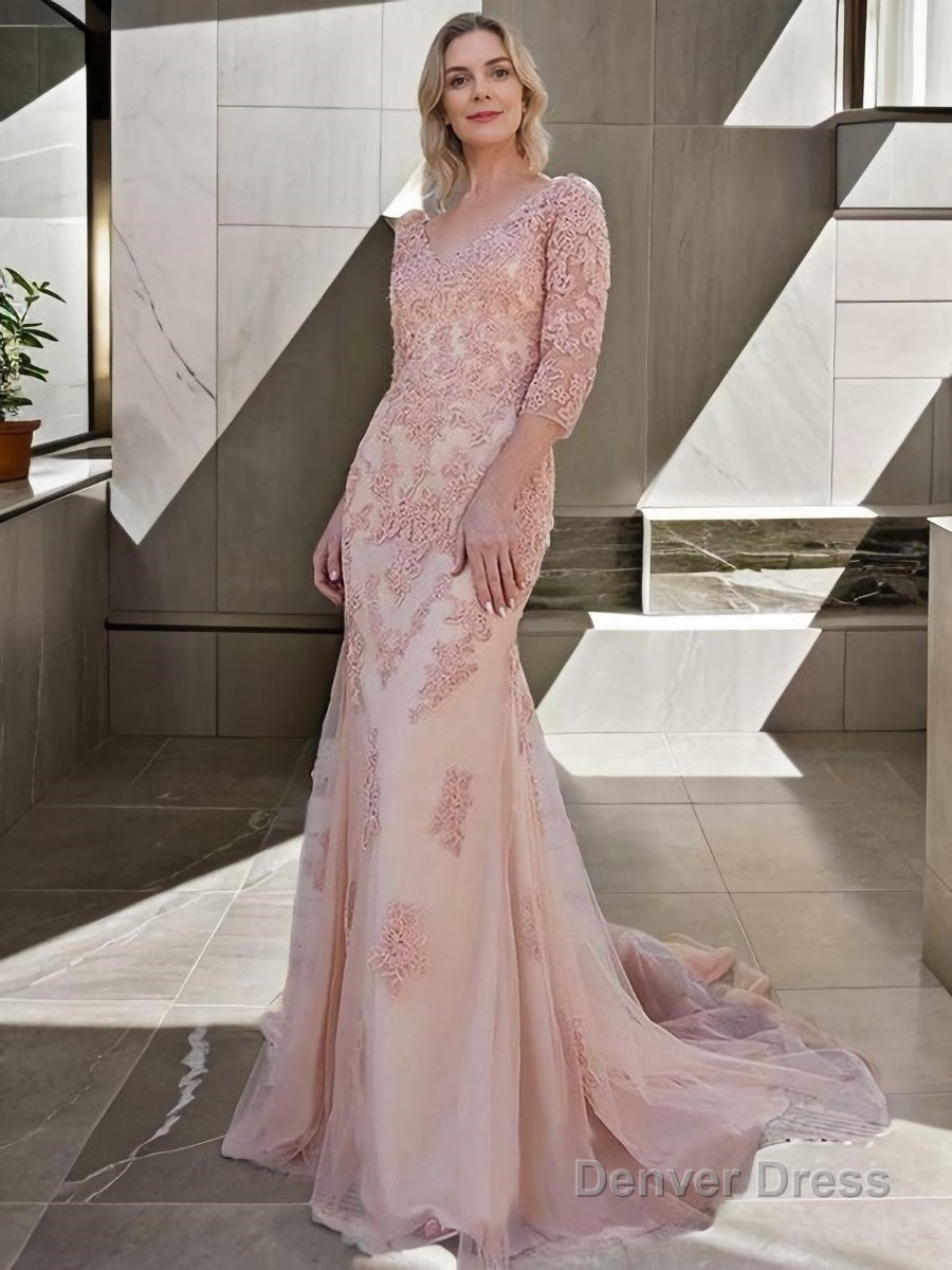 Trumpet Mermaid Tulle Lace V Neck 3 4 Sleeves Sweep Brush Train Mother of the Bride Dresses