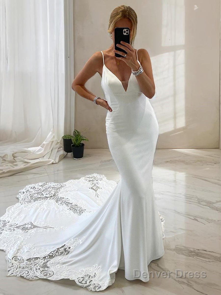 Trumpet Mermaid V Neck Cathedral Train Charmeuse Wedding Dresses With Appliques Lace