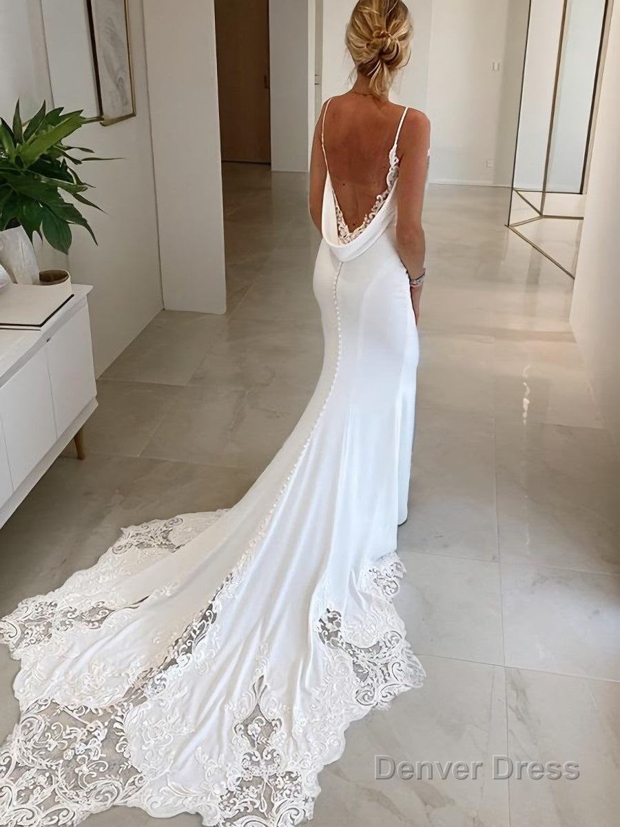Trumpet/Mermaid V-neck Cathedral Train Charmeuse Wedding Dresses With Appliques Lace Secondary image