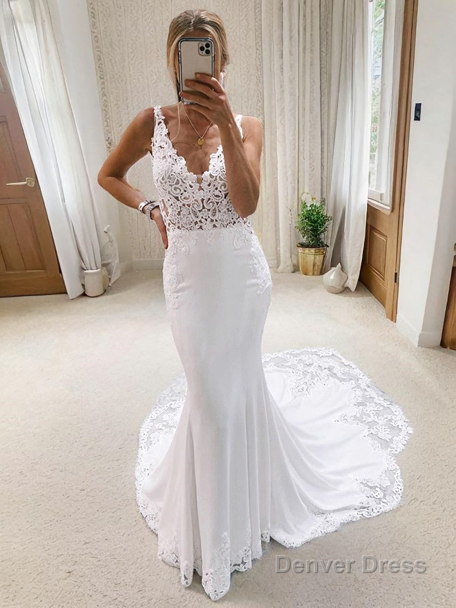 Trumpet/Mermaid V-neck Cathedral Train Stretch Crepe Wedding Dresses With Appliques Lace Main image