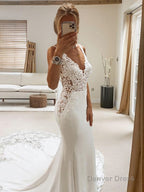 Trumpet Mermaid V Neck Cathedral Train Stretch Crepe Wedding Dresses With Appliques Lace
