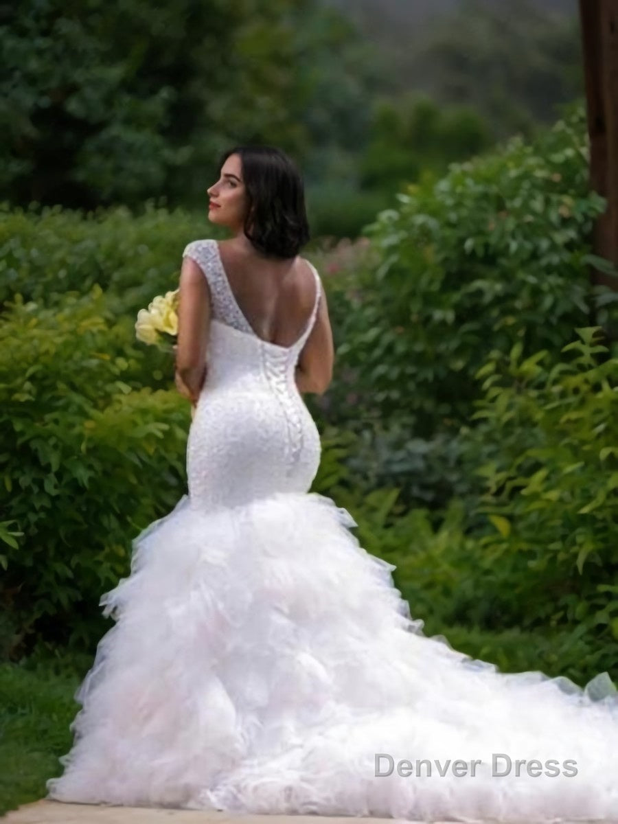 Trumpet Mermaid V Neck Cathedral Train Tulle Wedding Dresses With Beading Secondary image