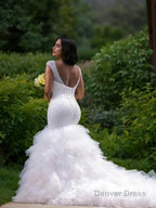 Trumpet Mermaid V Neck Cathedral Train Tulle Wedding Dresses With Beading