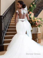 Trumpet Mermaid V Neck Chapel Train Tulle Wedding Dresses With Appliques Lace