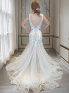 Trumpet Mermaid V Neck Chapel Train Tulle Wedding Dresses With Appliques Lace