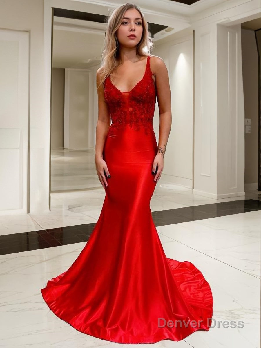 Trumpet/Mermaid V-neck Court Train Elastic Woven Satin Prom Dresses With Appliques Lace Secondary image