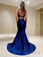 Trumpet/Mermaid V-neck Court Train Elastic Woven Satin Prom Dresses With Appliques Lace