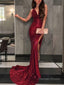 Trumpet Mermaid V Neck Court Train Sequins Prom Dresses With Leg Slit