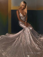 Trumpet Mermaid V Neck Court Train Sequins Prom Dresses