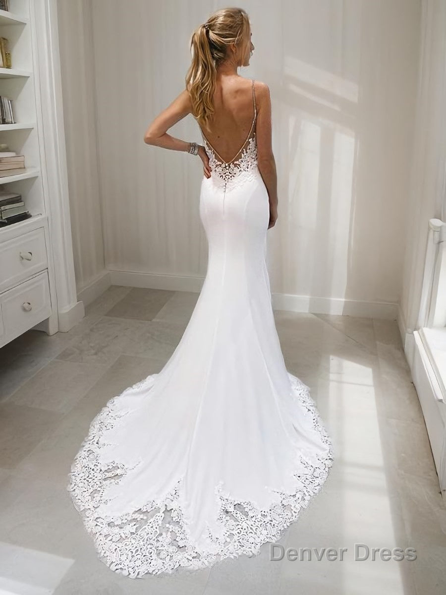 Trumpet/Mermaid V-neck Court Train Stretch Crepe Wedding Dresses With Appliques Lace Secondary image