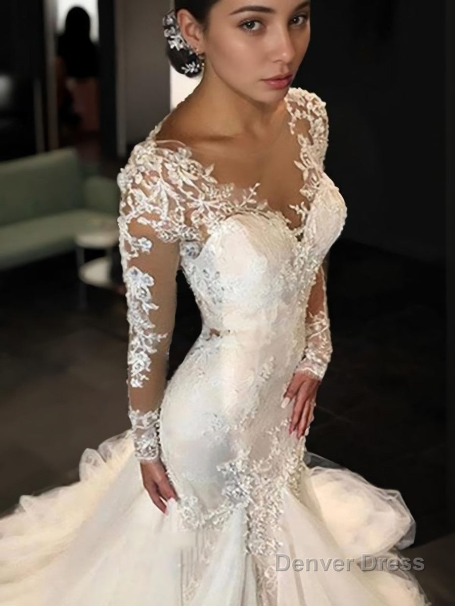 Trumpet Mermaid V Neck Court Train Tulle Wedding Dresses With Appliques Lace