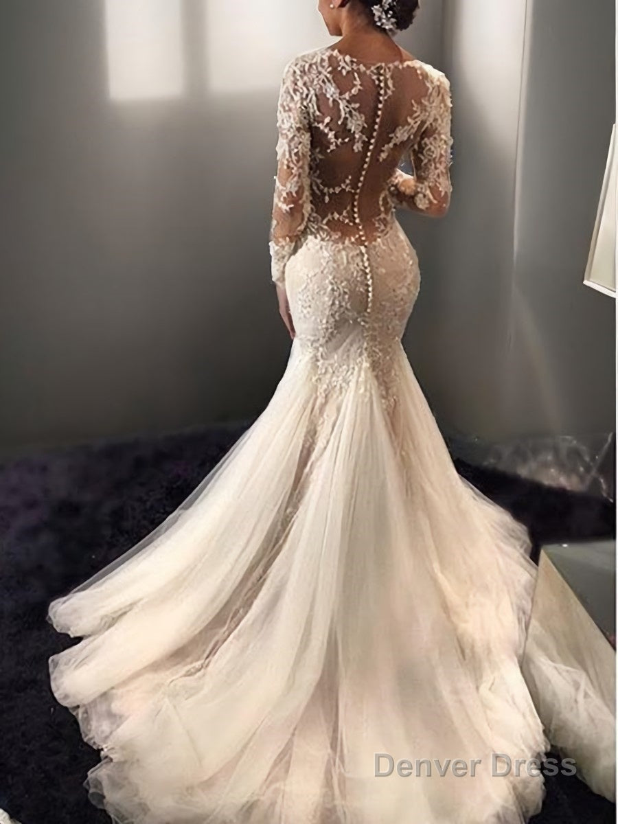 Trumpet Mermaid V Neck Court Train Tulle Wedding Dresses With Appliques Lace