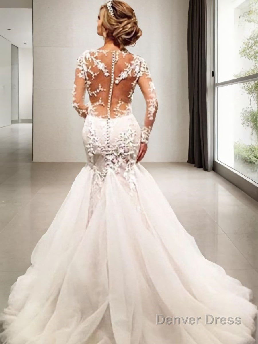 Trumpet Mermaid V Neck Court Train Tulle Wedding Dresses With Appliques Lace