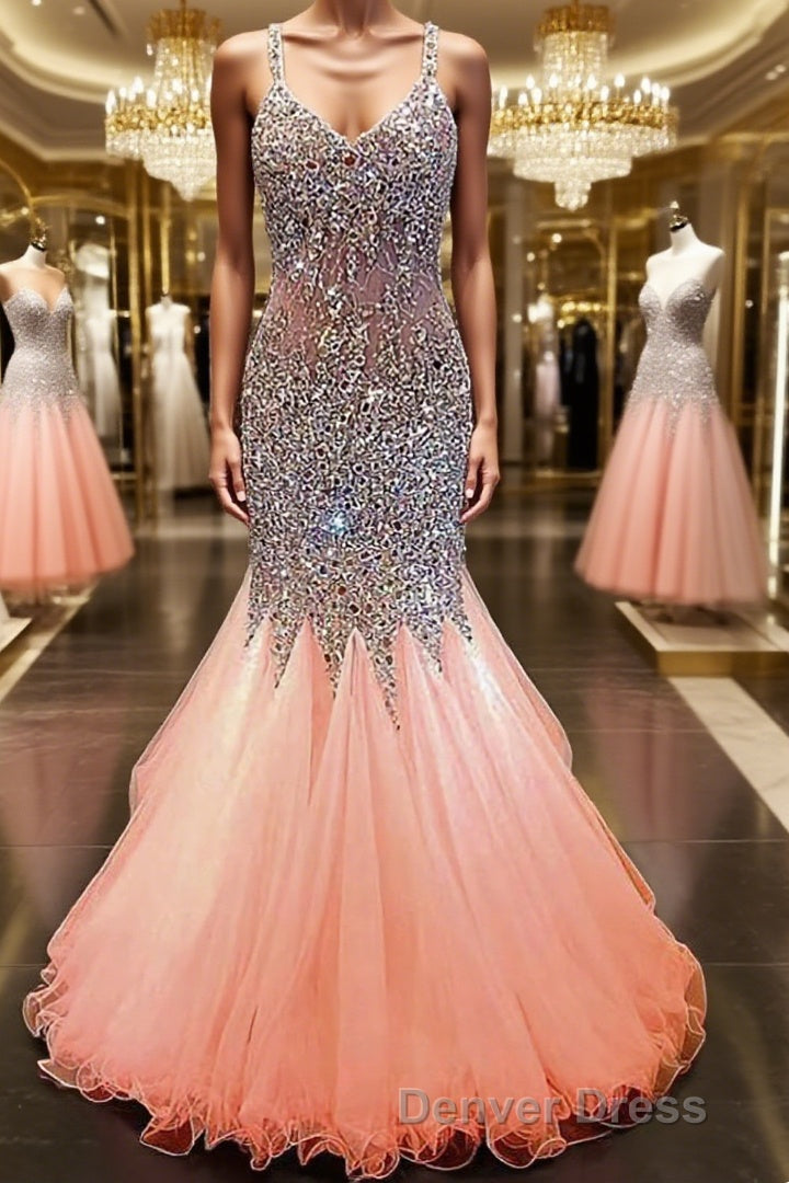 Trumpet Mermaid V Neck Floor Length Tulle Prom Dresses With Rhinestone Main image
